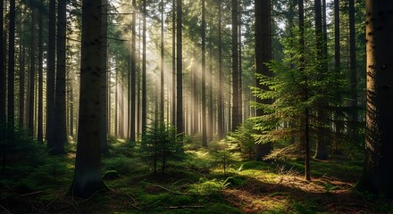 Obraz premium Sunlit Forest Path Through Tall Trees.