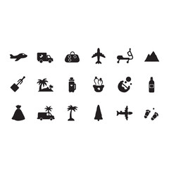 Obraz premium Travel and Vacation Icon Set Black Silhouettes Depicting Various Aspects of Journeys and Destinations in Clean Style