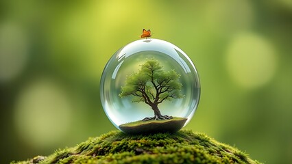 A crystal globe holds a tiny tree on moss, with a butterfly in flight against a soft green backdrop.