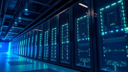 Obraz premium Server room with abstract LED light patterns in blue and green.