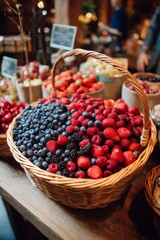 A basket overflowing with berries sits on a wooden table Customers lean in to take a closer look The mood feels colorful and inviting