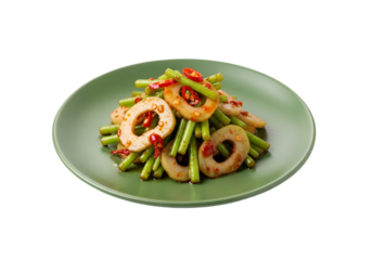 Stir-fried green beans with pickled slices and chili peppers on a green plate.