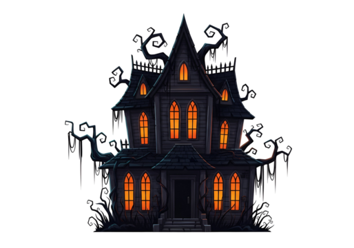 A gothic, haunted house with glowing windows stands against a dark backdrop, creating a spooky Halloween scene.