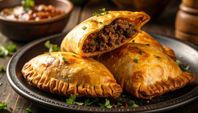 Delicious homemade beef empanadas on a rustic plate.