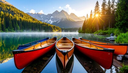 Serene mountain lake with canoes