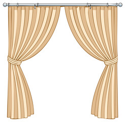 Elegant tan striped window curtains hanging from a metal rod, creating a theatrical frame