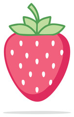 Vibrant pink strawberry cartoon illustration with green leaves and white seeds vector graphic