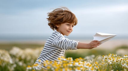 A striped-shirt boy with tousled hair flying a paper airplane in a chamomile field, soft pastel sky, dreamlike composition