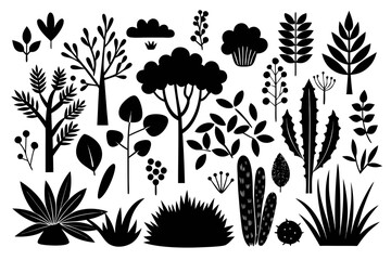 Vibrant collection of stylized botanical elements and trees creating a modern, organic design for versatile artistic applications and natural themes.