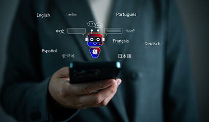 Business hand using smartphone translation with AI chatbot surrounded by multilingual. Real time language translation, global communication, smart assistant and cross cultural digital interaction.