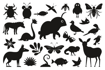 Charming collection of diverse animal and nature silhouettes perfect for educational materials, whimsical designs, and creative projects.