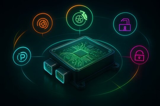 EV Body & Chassis Control ECU with Transparent Circuit View and Neon Network Icons &ndash; EV BCM System Integration Concept