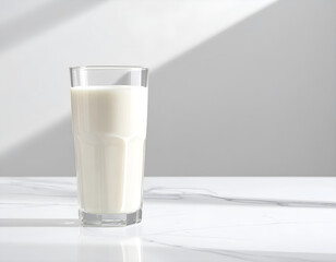 A simple, elegant glass of fresh white milk on a white marble table in the morning sunlight. A concept for health, nutrition, and breakfast. Generative AI