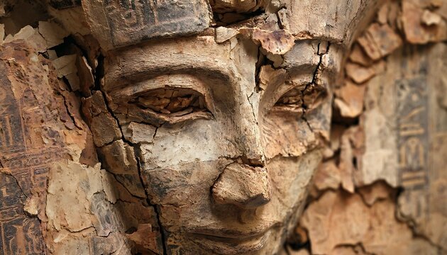 Broken terracotta statue embedded with blinking microchips and faded AI symbols