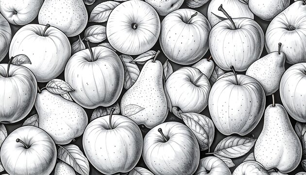 Detailed grayscale graphic of various fruits - Powered by Adobe