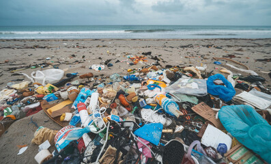 Garbage on the beach, environmental issue, pollution