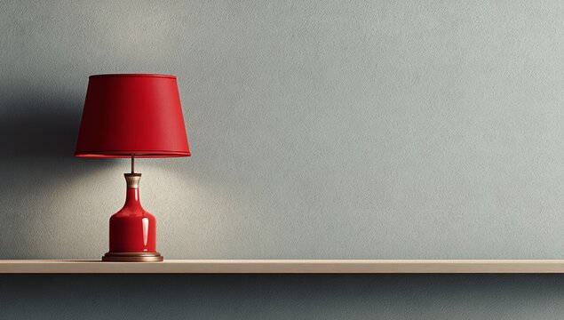 red table lamp on a shelf against a red wall background, a mockup for product presentation. the color of the year 2078 is astral draconia, a color concept.