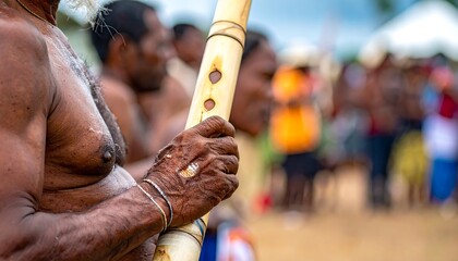 Close-up of a man playing a bamboo flute