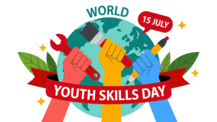 World youth skills day illustration with diverse hands holding tools around the globe isolated on transparent background