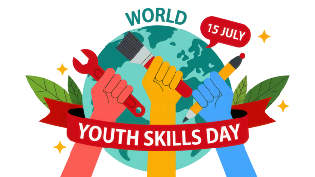 World youth skills day illustration with diverse hands holding tools around the globe isolated on transparent background - Powered by Adobe