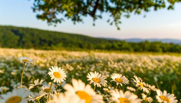 Daisy field, sunlit hills