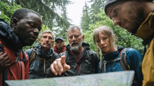 Navigating the Wilderness: A diverse group of hikers collaborates over a detailed map, seeking direction amidst the towering trees of a lush forest.