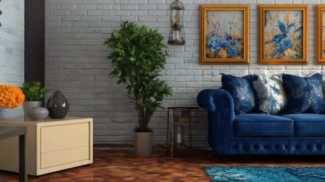 A stylish living room showcasing a deep blue sofa with decorative floral pillows and framed artwork.