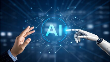 Human and robot hand interacting with AI interface.