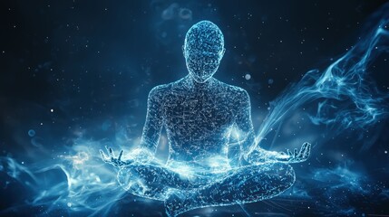 A digital representation of a human figure in a meditative pose, surrounded by ethereal blue and white energy, against a dark, starry background.