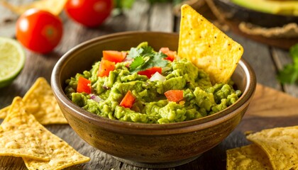 A rustic brown bowl of fresh homemade guacamole dip with a tortilla chip, garnished with diced tomatoes and cilantro.