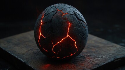 A cracked, glowing lava sphere on a wooden surface.
