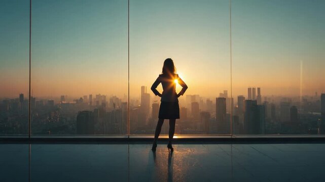 Ambition's Gaze: A confident business woman stands tall before a cityscape backdrop, her silhouette framed by the rising sun, symbolizing opportunity and aspiration. - Powered by Adobe