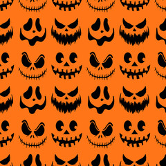 Seamless pumpkin faces pattern on an orange background. Various scary jack-o'-lantern expressions. Suitable for Halloween party decorations