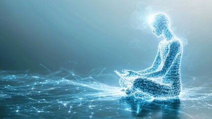 A blue and white digital representation of a human figure in a meditative pose, surrounded by a network of interconnected lines and dots.