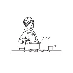 Black and White Vector Illustration of a Smiling Woman Cooking in Kitchen with Apron and Headband