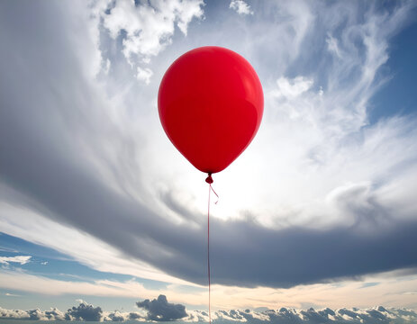 A single red balloon floating up into a dramatic, cloudy sky. A concept of hope, freedom, letting go, or being different. Generative AI