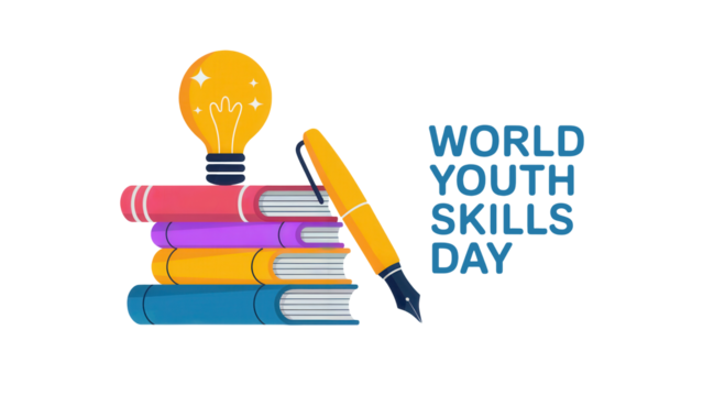 Conceptual illustration of a light bulb above stacked books with a paintbrush for world youth skills day isolated on transparent background