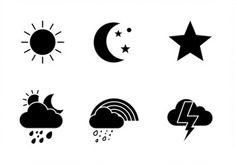Vector illustration of a black weather icon set featuring sun and earth symbols in a design collection for web and nature ecology