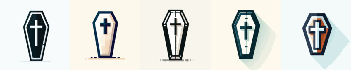 Modern Halloween Coffin Vector Set – Minimalist Cross Grave Icons with Shadows