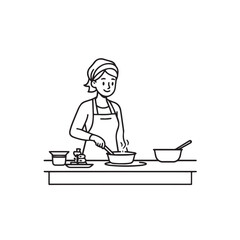 Black and White Vector Illustration of a Smiling Woman Cooking in Kitchen with Apron and Headband