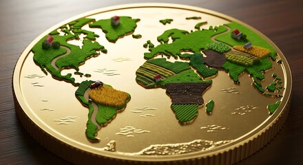 Conceptual world map on a golden coin featuring agriculture and rural life.