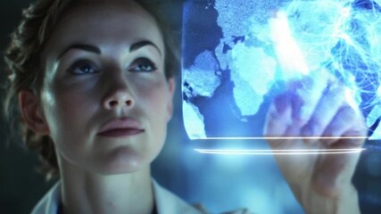 Futuristic Interaction: A female scientist interacts with a holographic map, immersed in the cutting-edge research within a futuristic setting. - Powered by Adobe