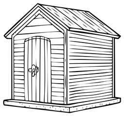 Monochrome Line Drawing of Small Shed for Garden Tools or Storage Outline