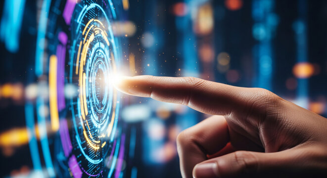 A finger touches a vibrant, glowing circular HUD, showcasing futuristic user interface technology perfect for interactive control and data visualization concepts
