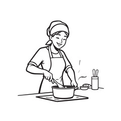 Black and White Vector Illustration of a Smiling Woman Cooking in Kitchen with Apron and Headband