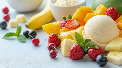 バニラアイスとフレッシュフルーツのデザート。Generative AI