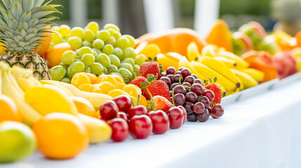 テーブルに並んだカラフルな新鮮フルーツ。Generative AI