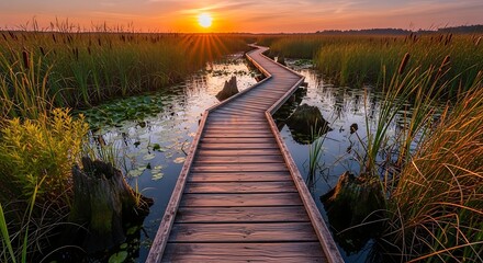 Wooden Boardwalk Winding Through a Serene Marsh at Sunset.