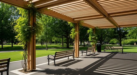 Wooden Pergola with Benches in a Sunny Park.