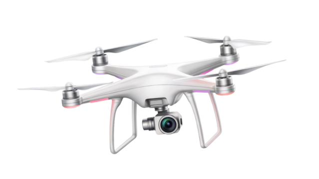 High angle view of a white quadcopter drone with a camera gimbal mounted underneath isolated on transparent background